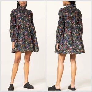 NWT MUNTHE Black Floral Mini Correct Long Sleeve Silk Blend Dress Sz 14